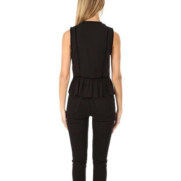 Frame Women's Black Sleeveless V-Neck Peplum Blouse Top Size Medium Velvet Trim - Picture 2 of 15